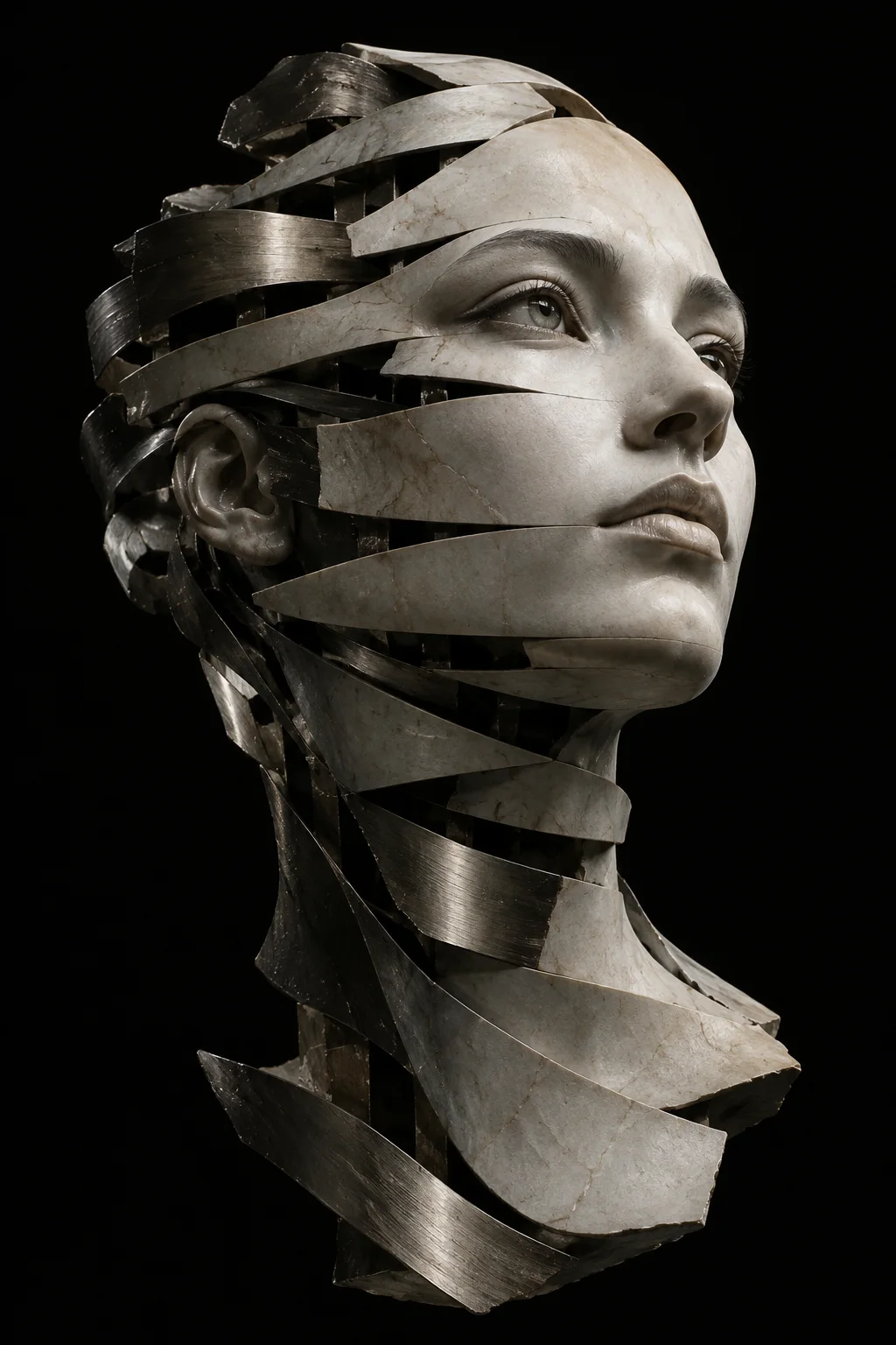 Abstract sculptural portrait formed from stone planes and metal ribbons